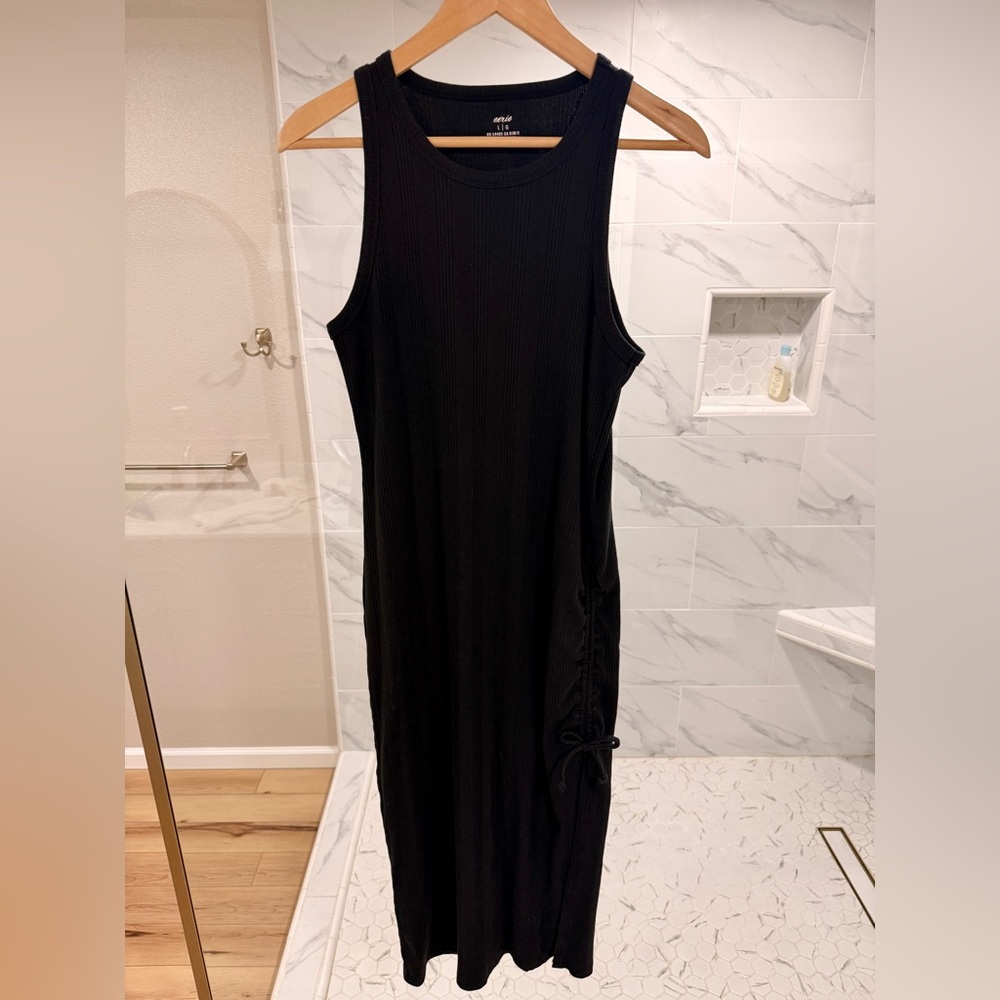 Aerie Black Sleeveless Ribbed Ruched Midi Dress